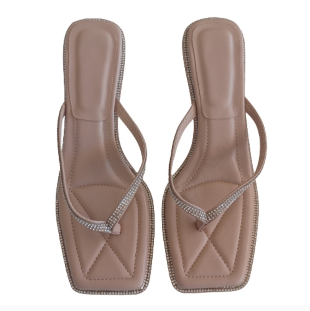 WOMEN'S APRICOT TAN High Heel Slide Stiletto Flip Flop Neutral Slip On Shoes - Picture 4 of 8